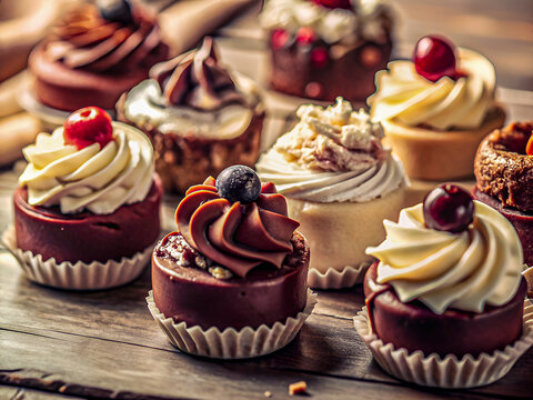 Tasty different desserts with a different colored frosting. Delicious dessert food background