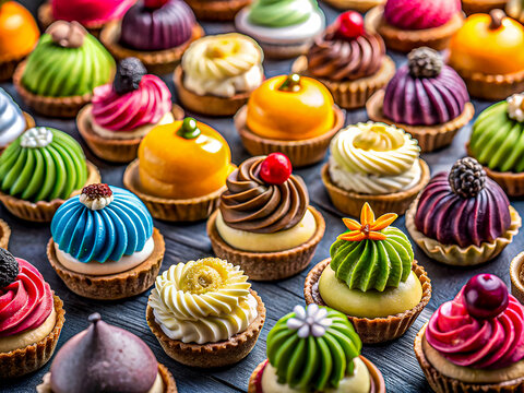 Tasty different desserts with a different colored frosting. Delicious dessert food background