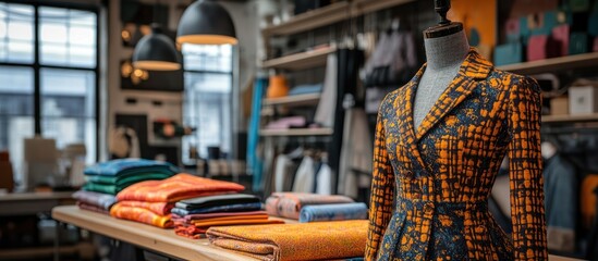 Stylish orange and black patterned jacket displayed on a mannequin in a clothing boutique, surrounded by stacks of colorful fabrics.