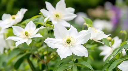 Fototapeta premium Vibrant White Clematis Flowers Blooming in Lush Greenery for Garden and Landscape Design : Generative AI