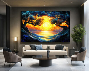 Modern Living Room with Vibrant Landscape Painting - Interior Design Inspiration with Artistic Wall...