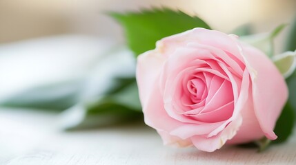 Fototapeta premium Delicate Pink Rose with Lush Green Leaves Closeup on Soft Background : Generative AI