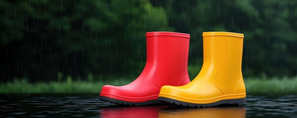 Vibrant Red and Yellow Rubber Boots on Rainy Day Background