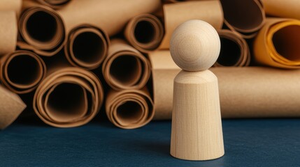 Wooden Figure Stands Out Against Rolled Paper Background