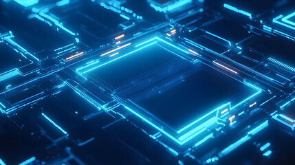 A glowing digital platform in a high-tech environment, with blue neon lights pulsing in the air, creating a futuristic, energized atmosphere.