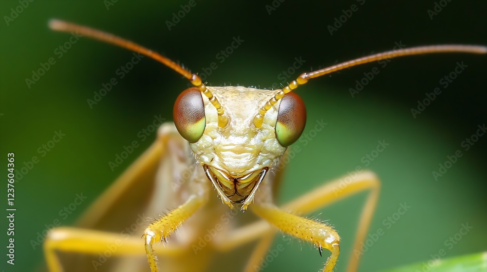 Aufkleber macro photography of a praying mantis with vivid compound eyes on a green background : generative ai