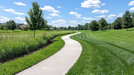 Fototapeta premium Winding path, suburban landscape, summer day, background houses
