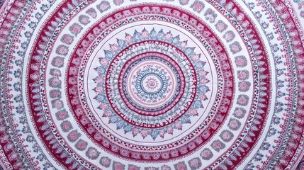 Fototapeta premium Ornate Mandala Textile Design in Red, Pink, and Blue Hues