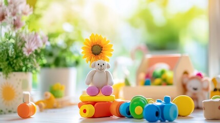 Obraz premium Cheerful Sunflower Toy Amidst a Playful and Colorful Playroom : Generative AI
