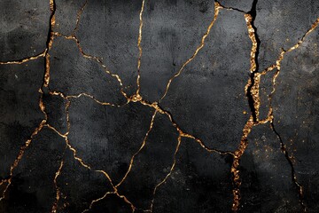 Obraz premium A dark gray background with golden cracks, suitable for use as a wallpaper, creating a dramatic and moody atmosphere.