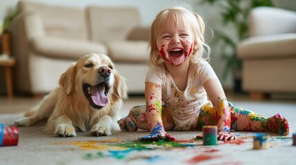 Happy Toddler Covered in Mud with Dog Playing on the Carpet