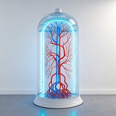 A glowing chamber with interconnected pathways replicating arterial and venous flow