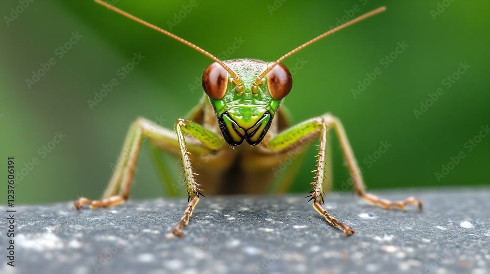 Poster green praying mantis staring directly at camera on a natural surface : generative ai