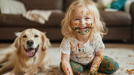 Obraz na płótnie Canvas Happy Toddler Covered in Mud with Dog Playing on the Carpet