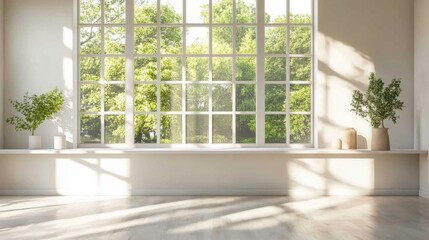 bright sunlit room with large window and plants