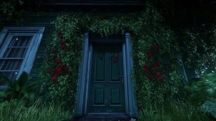 Overgrown House Entrance with Red Roses and Green Door