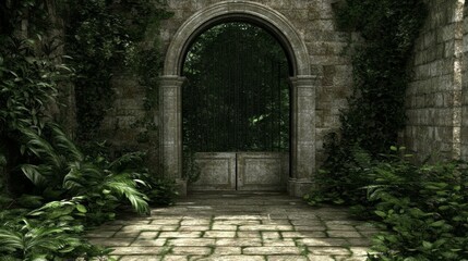 Obraz premium Overgrown Stone Archway Gate to Hidden Garden