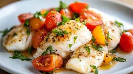 Seared Fish Fillets with Juicy Cherry Tomatoes and Fresh Herb Garnish on a Plate : Generative AI