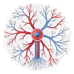 A pulsating mechanism with intricate branching conduits glowing with red and blue fluids