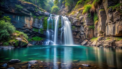 Waterfall cascading down a rocky cliffside into a crystal-clear pool on a dark grey background , landscape, serene,  landscape