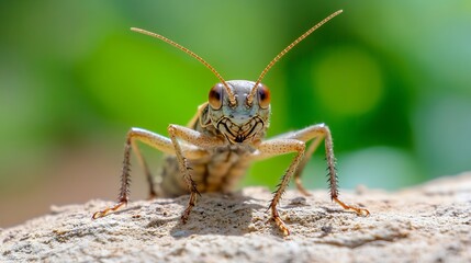 CloseUp of Grasshopper on Log in Natural Setting with Vibrant Green Background : Generative AI