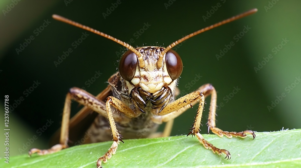 Poster Macro Image of Brown Insect with Large Eyes on Leaf Closeup in Natural Setting : Generative AI