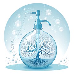 A translucent pump surrounded by branching networks glowing softly with liquid movement 