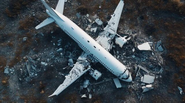 Shattered Dreams: An abandoned, mangled airplane fuselage lies in a field, its once gleaming wings now broken and scattered, a poignant symbol of loss, risk, and the fragility of life.