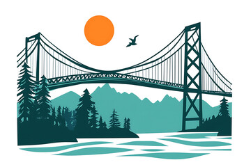 Fototapeta premium A flat vector illustration of a large bridge spanning across a river, showcasing modern architecture and urban landscape