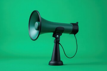 Green megaphone on stand against green background