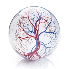 : A transparent sphere showing dynamic fluid exchange in a branching circulatory network 