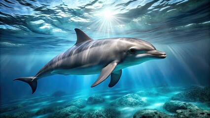 Fototapeta premium Grey dolphin swimming in open ocean, marine life, ocean, marine life,ocean, dolphin, water, sea creature, underwater