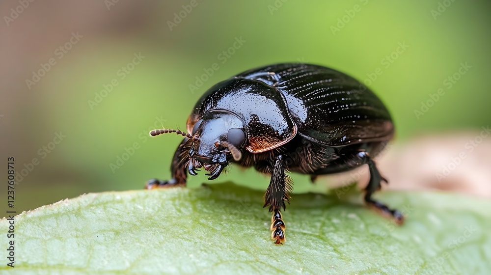 Poster macro photography of a shiny black beetle perched on lush green leaf with detailed texture : generat