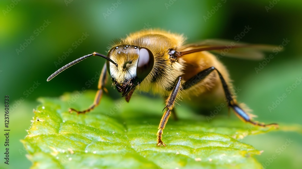 Poster macro closeup of a bee on a vibrant green leaf showcasing its detailed features : generative ai