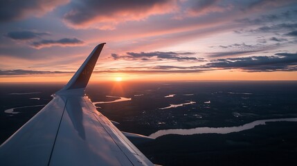 Obraz premium Spectacular Aerial Wing View of Airplane Soaring Above Clouds During Sunset Flight : Generative AI