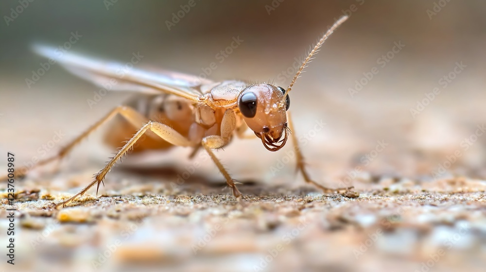 Poster Detailed Macro of a Winged Insect on Ground with Soft Background : Generative AI