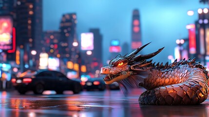 A majestic dragon rests on a city street at night, illuminated by vibrant neon lights and bustling cars