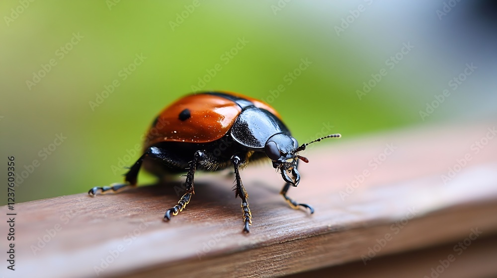 Poster macro closeup of vibrant ladybug on wooden surface in nature : generative ai
