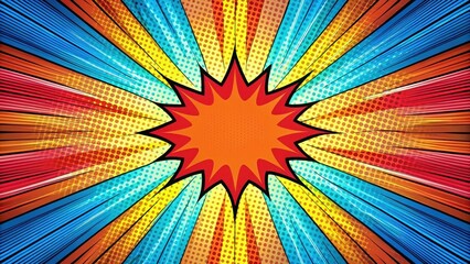 Fototapeta premium Colorful comic book-inspired strip with bold lines and vibrant colors on a radial backdrop, digital art, illustration style