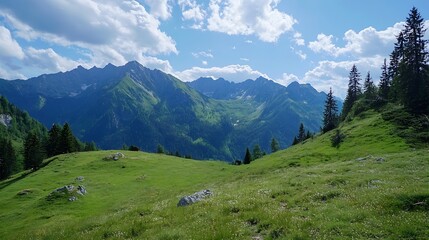 Breathtaking Mountain Scenery with Lush Greenery Under Blue Skies : Generative AI