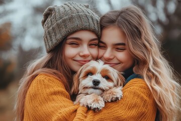 Two amusing girls hugging while holding a cute dog