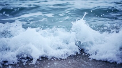 Fototapeta premium Ocean Waves Crashing Gently on a Sandy Beach in Soft Blue Hues : Generative AI