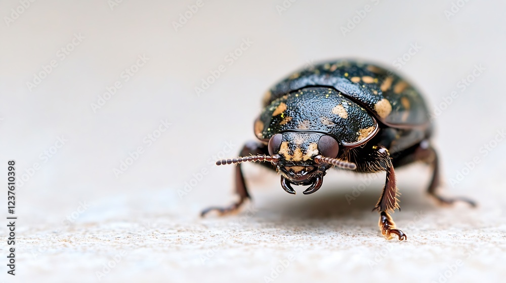 Poster Macro Image of a Spotted Green Beetle on Light Surface with Detailed Texture : Generative AI