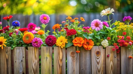 Colorful garden flowers blooming above wooden fence, garden decor, garden gate,  garden decor, garden gate, wooden fence
