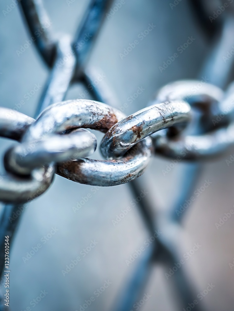 Poster Closeup of Rusty Metal Chain Link Against Blurred Industrial Background Focus on Strength and Texture : Generative AI