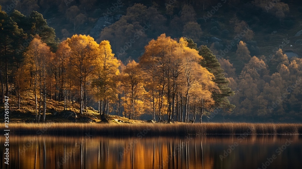 Poster golden autumn forest reflecting on misty lake with tranquil atmosphere : generative ai