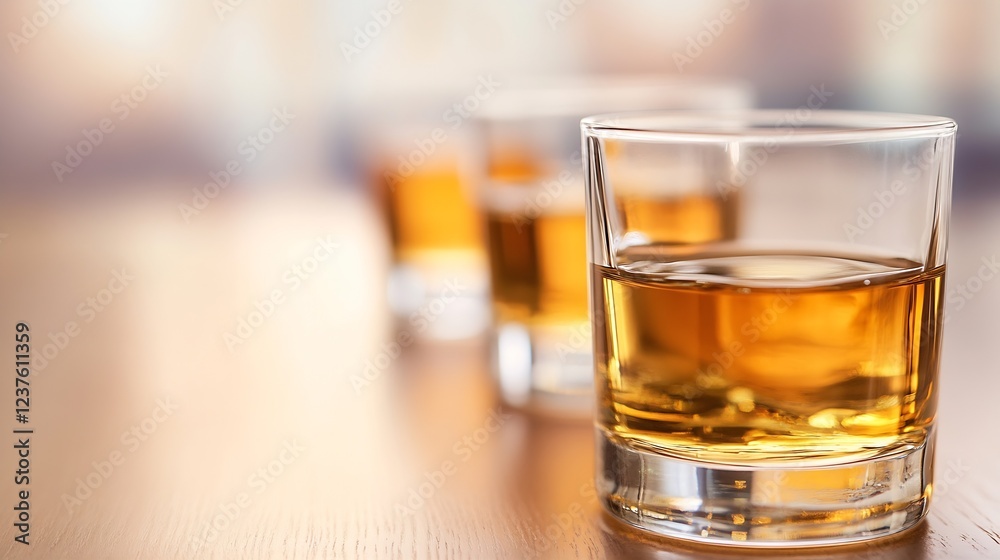 Poster rich amber whiskey served neat in glass on wooden table with blurred background : generative ai