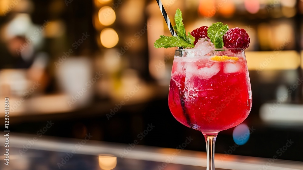 Poster refreshing summer cocktail with mint and berries in sophisticated bar setting : generative ai