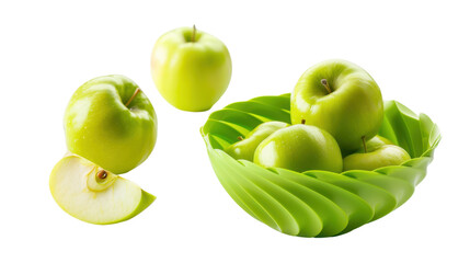 Green apples falling into leaf-shaped bowl on transparent background