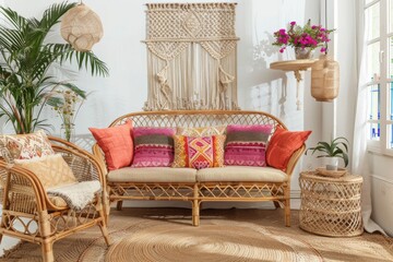 Bohemian living room with rattan furniture